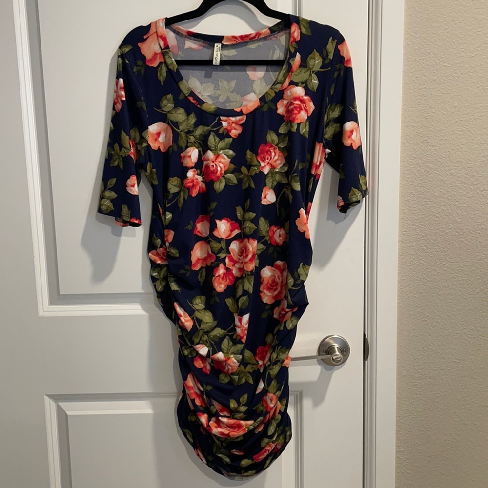 Navy Floral MATERNITY Ruched Midi Dress